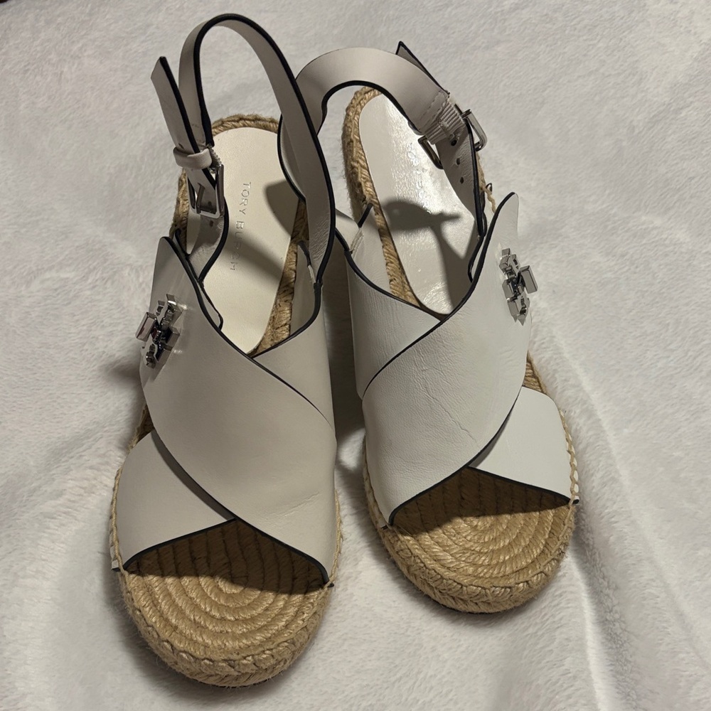 Tory Burch White and Tan Espadrille Sandals